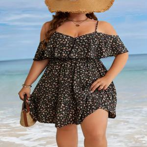 플러스 사이즈 1XL-5XL 여성의 우아한 꽃 프린트 오프 어깨 프릴 에지 드레스 숙녀 여름 해변 반팔 드레스