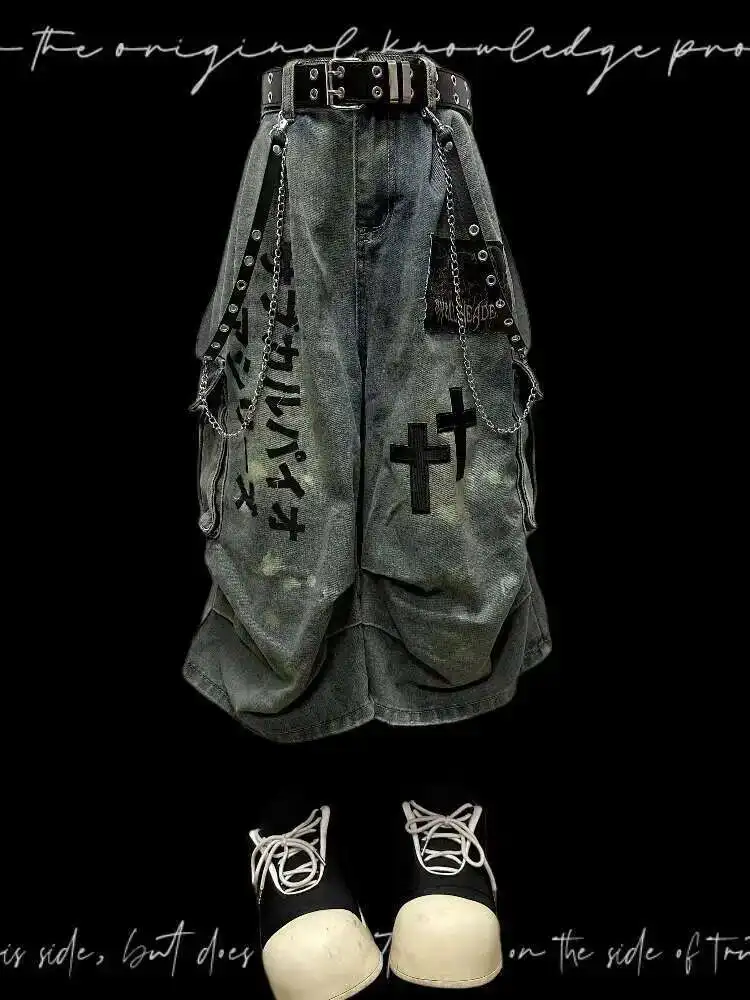 고딕 펑크 여성 남성과 여성을위한 어두운 일곱 부분 청바지 여름 황무지 스타일 주름진 패치 워크 넓은 다리 바지