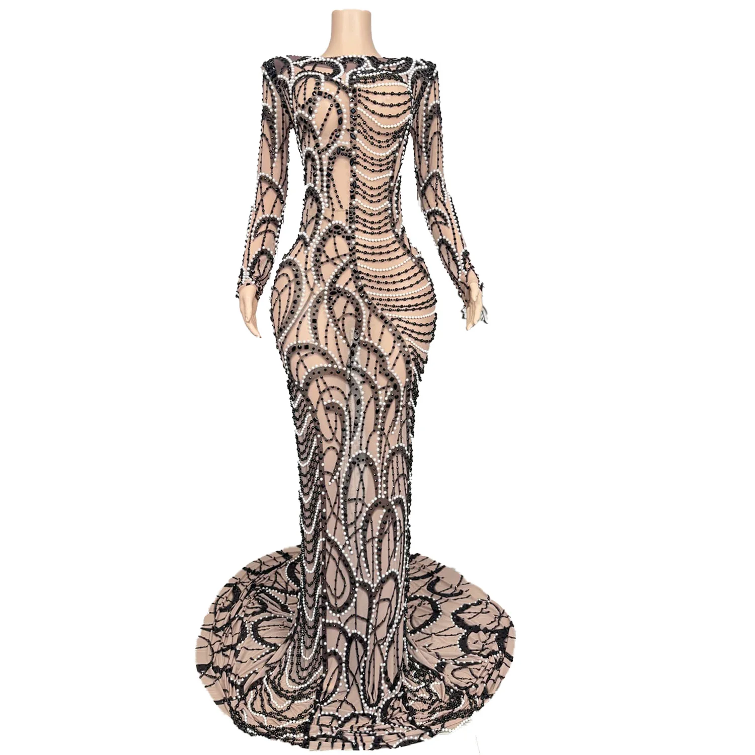 디자인 센스 여성 파티 이브닝 드레스 블랙 화이트 더블 컬러 진주 섹시 메쉬 시스루 연예인 레드 카펫 드레스 유에시