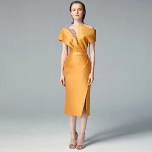 2023 여성용 골드 새틴 정장 드레스, O넥 시스, 신부 어머니, 미디 캡 슬리브, 티 길이 웨딩 이벤트 드레스