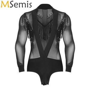 남성용 라인스톤 바디수트 셔츠, 시스루 메쉬 스팽글 태슬 상의, 딥 브이넥 라틴 탱고 댄스 레오타드 퍼포먼스 코스튬