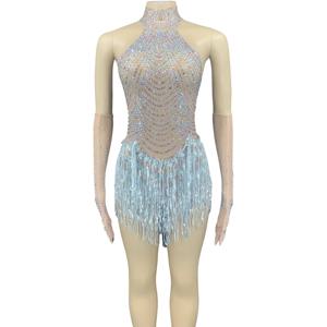 연예인 생일 파티 및 무대 공연을위한 매력적인 라인 석 바디 수트 섹시한 진주 술 중공 복장 섹시한 드레스