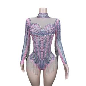 라인 석 메쉬 드리 워진 Onesie-섹시한 긴 소매 무대 공연 의상 댄스 & 스키니 바 파티 여성 Vallentain 드레스