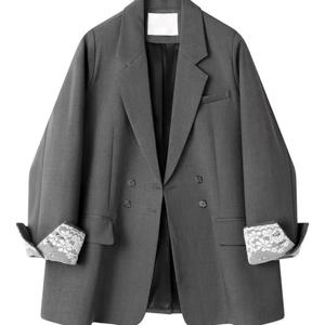 럭셔리 그레이 블랙 블레이저 브랜드 여성 블레이저 봄 가을 레이스 패치 워크 긴 소매 정장 디자인 Office 레이디 블레이저 코트 New