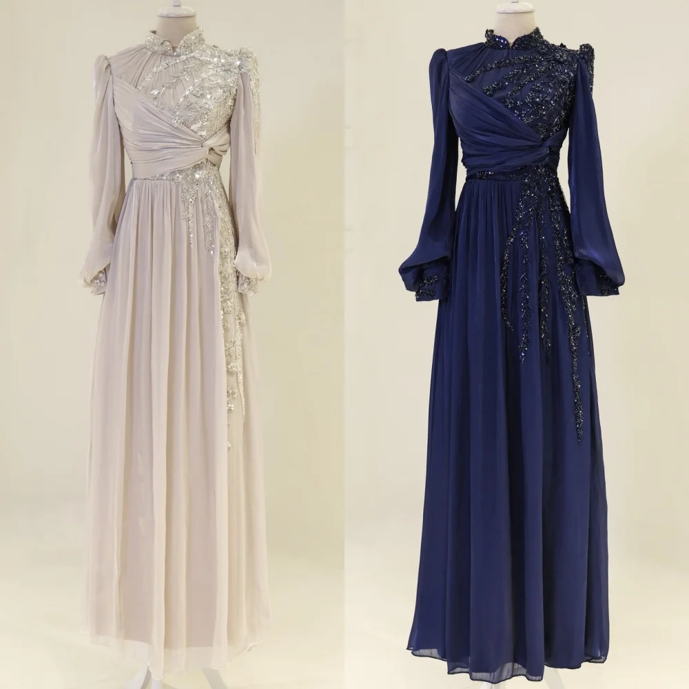 맞춤형 고품질 패션 쉬폰 구슬 장식 스트레이트 하이 칼라 롱 드레스 맞춤형 행사 드레스 절묘한