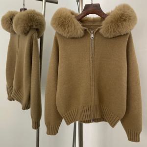 후드 오버사이즈 카디건 여성 겨울 인조 모피 스웨터 여성용 솔리드 페이크 퍼 니트 코트 패션 루즈핏 인조 모피 니트웨어