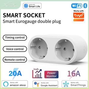 Tuya Wifi 스마트 듀얼 플러그 소켓 Eu 16A 20A 2 in 1 기능, 전원 모니터 음성 제어 스마트 라이프는 Alexa Google과 함께 작동합니다.