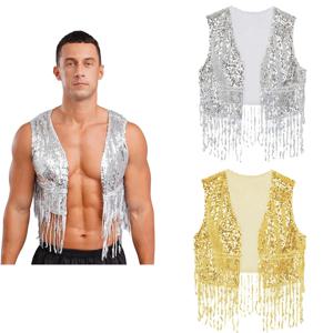 망 카우보이 서양 의상 반짝 이는 빈티지 70 년대 디스코 의상 프린지 스팽글 양복 조끼 민소매 오픈 프론트 자른 조끼 카디건