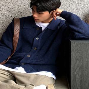 코발트 블루 니트 가디건 남성용 카라 버튼 스웨트셔츠 재킷 텍스처드 캐주얼 워크웨어 울 니트웨어 폴로 셔츠