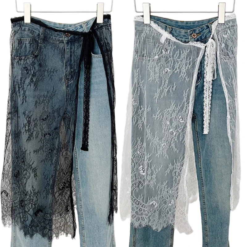 빈티지 플라워 패턴 속눈썹 레이스 롱 스커트 여성용 엉덩이 스카프 미적 넥타이 앞치마 커버 오버 스커트 F3MD