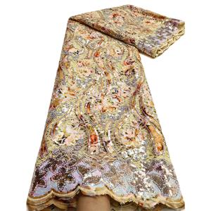 프랑스어 골드 장식 조각 그물 레이스 패브릭 2025 고품질 아프리카 레이스 패브릭 나이지리아 자수 얇은 명주 그물 파티 레이스 패브릭