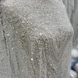 고급 중공업 스팽글 비즈 진주 얇은 명주 그물 자수, 고급 웨딩 드레스 레이스 원단에 적합