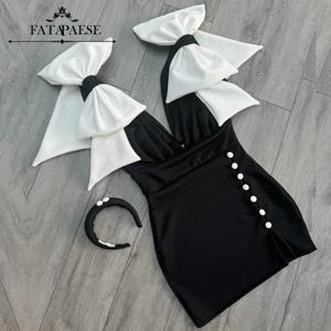 FATAPAESE 맞춤형 신부 어머니 원피스, 실제 인물 포옹 스트레치 원단, 버튼과 활 장식 가운