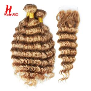 # 27개의 딥 웨이브 인모 묶음 묶음 포함 허니 블론드 4x4 레이스 클로저 # 27 사전 컬러 헤어 위브 HairUGo