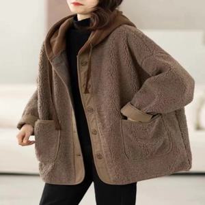 플러스 사이즈 여성용 레트로 양털 숏 코트 겨울 두꺼운 스타일리시 캐주얼 올매치 후드 코트 한국 스타일 긴 소매