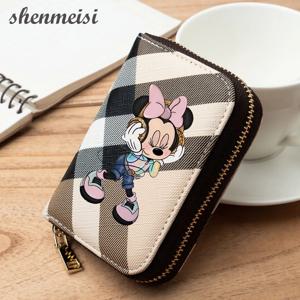 디즈니 미키 마우스 격자 무늬 패턴 지갑 만화 미니 마우스 짧은 PU 가죽 지퍼 동전 지갑 인쇄 카드 슬롯 여성 선물