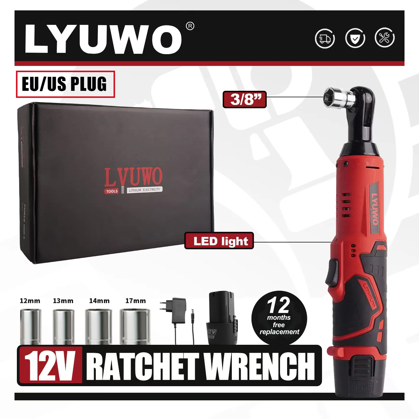 LYUWO 12V 무선 직각 전기 렌치 45NM 3/8 인치 래칫 렌치 분해 너트 자동차 유지 보수 도구 4 소켓
