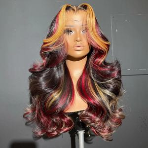 스컹크 스트라이프 가발 블랙 레드 블론드 하이라이트 가발 합성 13x4 HD 바디 웨이브 레이스 프론트 가발 아기 머리카락으로 미리 뽑은
