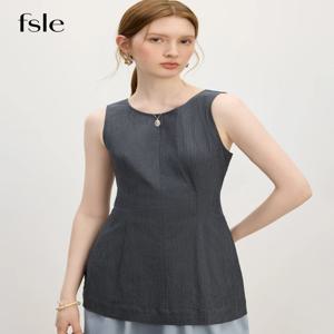 FSLE 2025 여름 여성 허리라인 슬림핏 민소매 셔츠 - A라인 실루엣 & 통기성 좋은 린넨 혼방 소재로 편안한 시크함 연출
