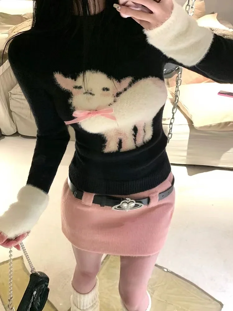 겨울 빈티지 신상 2피스 세트 여성 패치워크 우아한 Y2K 니트 스커트 슈트 여성 한국 패션 디자인 캐주얼 벨트 세트 2025