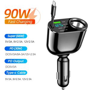 범용 초고속 충전 전원 어댑터 66W 차량용 시가 라이터 PD+QC3.0 차량용 충전기(C형 고속 충전 케이블 포함)