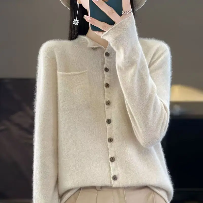 여성용 포켓 단추 100% 순모 가디건, 긴팔 단색, 프랑스 패션, 루즈 니트 가디건, 상의, 가을 겨울