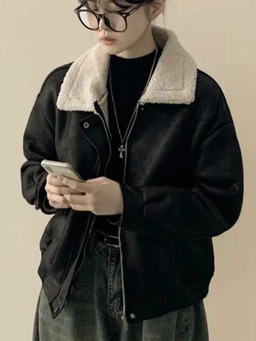 레트로 시크 가을 겨울 두꺼운 양털 재킷 여성용 지퍼 칼라 긴 소매 숏 코트 통합 벨벳 폴리에스터