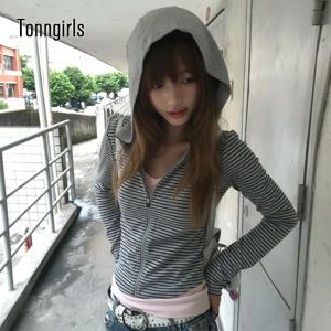 Tonngirls Y2k 일본 후드티 여성 긴 소매 스트라이프 스웨트셔츠 스트리트웨어 아메리칸 스트라이프 후드티 지퍼 포함 E-girls
