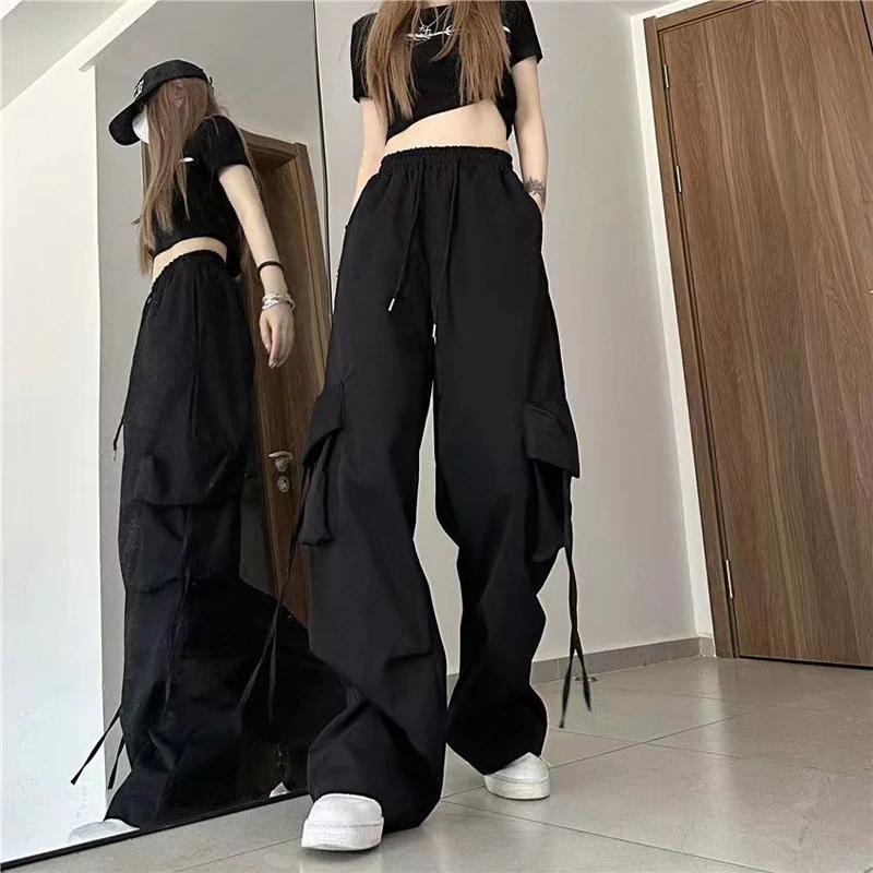 여성 Y2K 카고 바지 패션 캐주얼 하이 웨스트 빅 포켓 힙합 바지 여성 streetwear drawstring baggy sweatpants