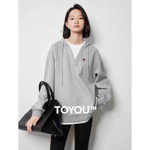 TOYOUTH 여성용 하트 패턴 자수 후드티, 가짜 투피스 후드 풀오버 상의, 맨투맨, 가을 신상, 2024