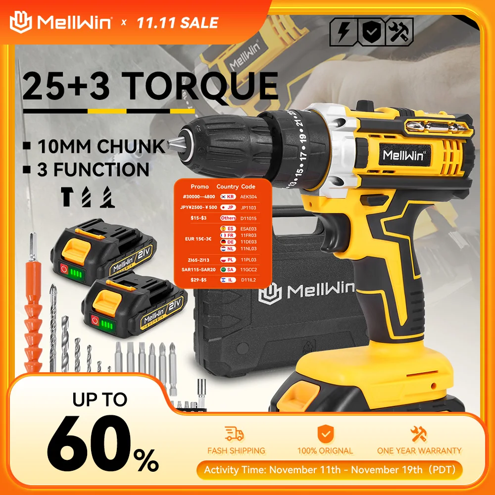 MELLWIN 25 + 3 토크 전기 임팩트 드릴 다목적 무선 전기 스크루 드라이버 Makita 18V 배터리 핀 용 DIY 전동 공구
