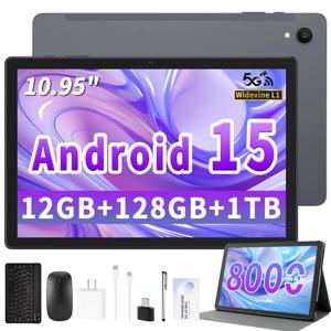 태블릿 10.95인치 안드로이드 15 태블릿, 12GB RAM 128GB ROM 1TB 확장 가능, 옥타코어 프로세서, 1280x800 IPS, 8000mAh 배터리 (블랙)