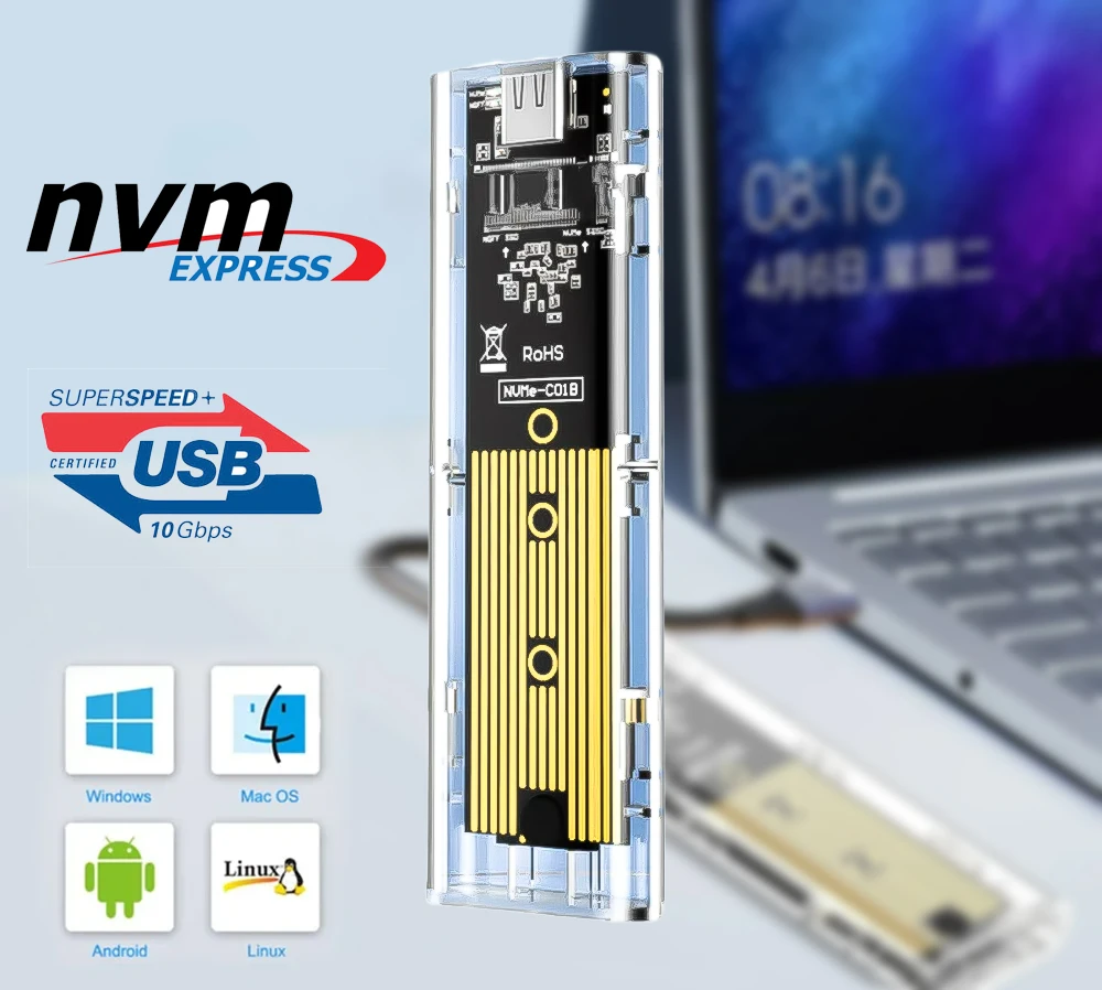 M.2 NVME PCIe NGFF SATA 듀얼 프로토콜 SSD 케이스 클리어 USB 타입 C 10Gbps PCI-E M2 SSD 투명 외장 하드 디스크 박스