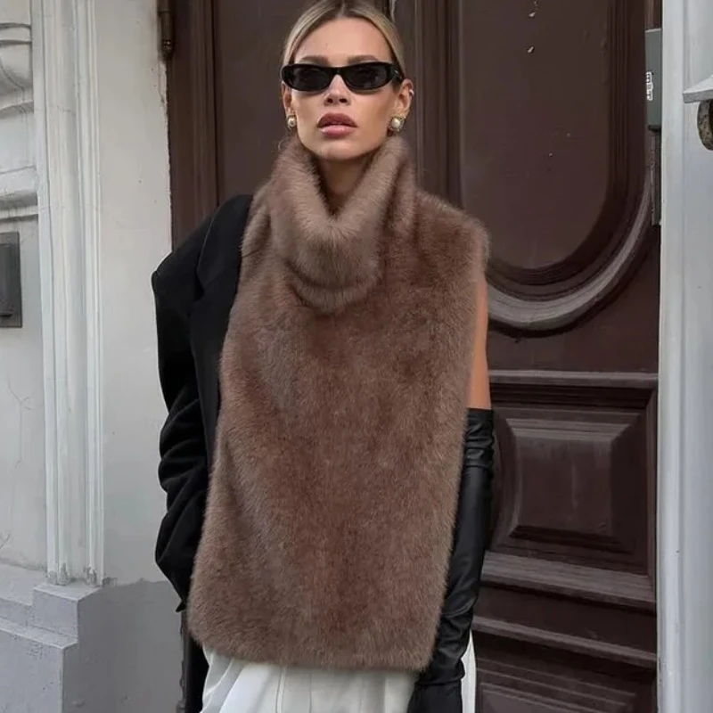 2025 브랜드 패션 따뜻한 인조 모피 세이블 조끼 크롭 탑 가을 겨울 터틀넥 인조 밍크 퍼 탱크탑 민소매 재킷 코트
