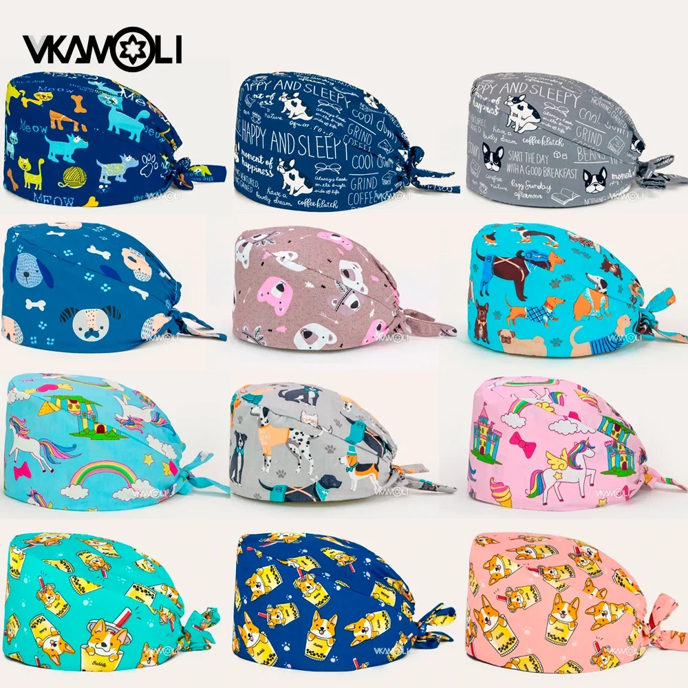 개 인쇄 의료 전문가를위한 조정 가능한 수의사 수술 모자 땀 수건 스크럽 캡이있는 고품질 치과 치과 의사 모자