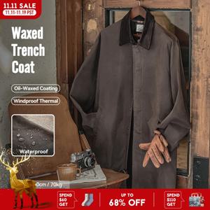 Maden 남성 빈티지 왁스 처리 코트 벨벳 칼라 중장기 코트 바람과 물을 막는 브라운 코트 가을용 느슨한 코트