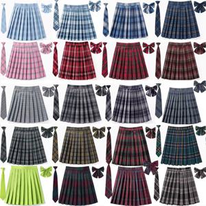 XS- 5XL 여성 격자 무늬 플리츠 스커트 넥타이 Bowtie 하라주쿠 프레피 미니 일본 학교 교복 소녀 여름 Jupe Kawaii 스커트