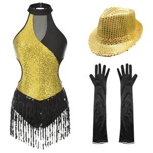 여성용 재즈 라틴 타이트 피팅 점프수트, 장갑 모자, 발레 탱고 댄스 공연 의상, 태슬 레오타드 댄스웨어