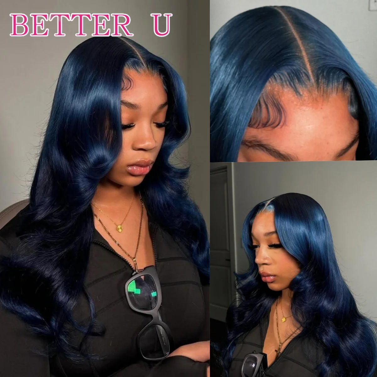 여성용 미드나잇 블루 레이스 프론트 인모 가발, 브라질리언 바디 웨이브 HD 투명 13x4 레이스 프론트 인모 가발, 13x6