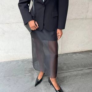 Tornova 여성용 블랙 메쉬 스커트 더블 레이어 디자인 섹시한 관점 하이 웨이스트 슬릿 힙 스커트 여성 얇은 느슨한 새 여름