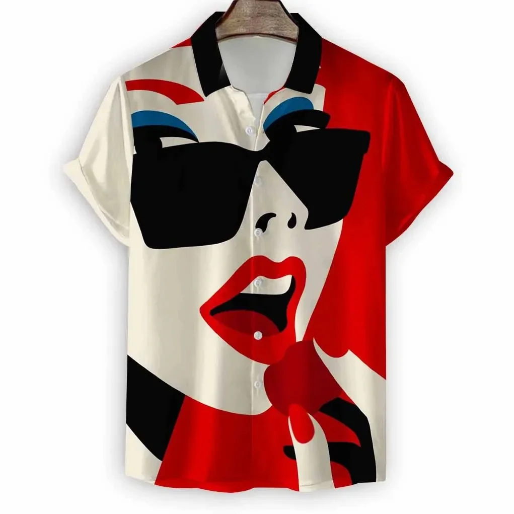 2024 뉴 비치 모던 걸스 프린트 남성 셔츠 캐주얼 패션 셔츠 버튼 옷깃 streetwear 오버 사이즈 남성용 반소매 셔츠