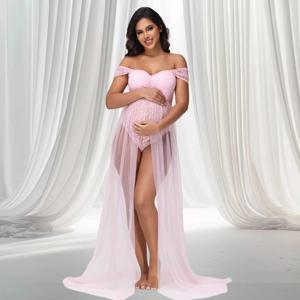 튤 롱 사이드 슬릿 테일 여성과 함께 사진 촬영을 위한 출산 레이스 오프 숄더 바디수트