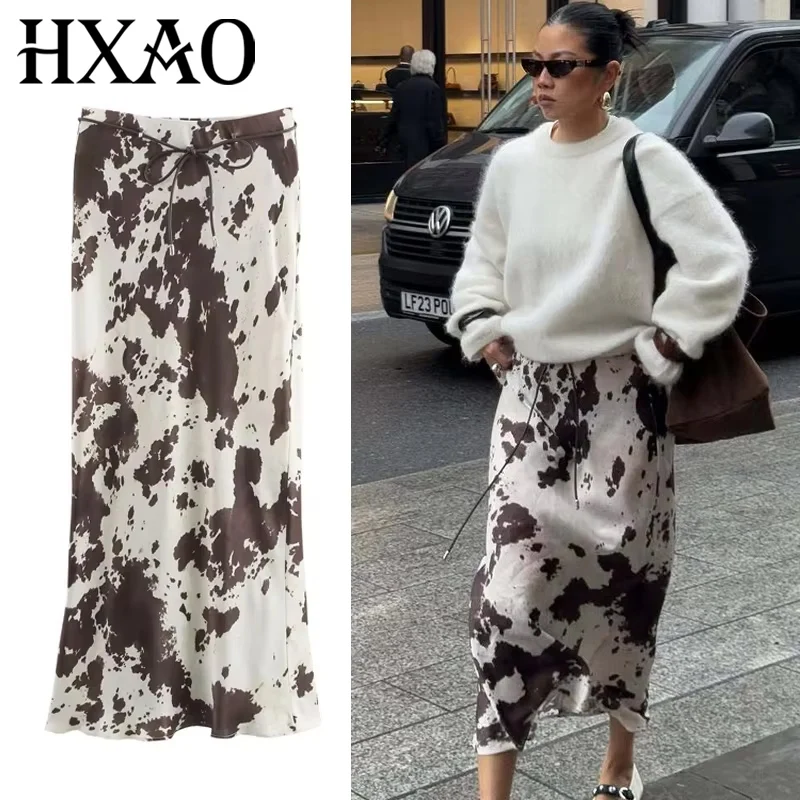 HXAO 여성 2025 스커트 빈티지 프린트 롱 스커트 여성용 타이다이 여름 새틴 스커트 벨트 하이웨이스트 우아한 여성 스커트