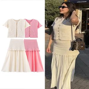 HH 여성 우아한 솔리드 니트 스커트 세트 O넥 싱글 브레스티드 반팔 티셔츠 탑스 패치워크 스커트 오피스 레이디 수트