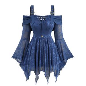 ROSEAGL 플러스 사이즈 비대칭 탑 로즈 플라워 메쉬 레이스 업 패널 콜드 숄더 플레어 슬리브 여성 독특한 패션 티셔츠