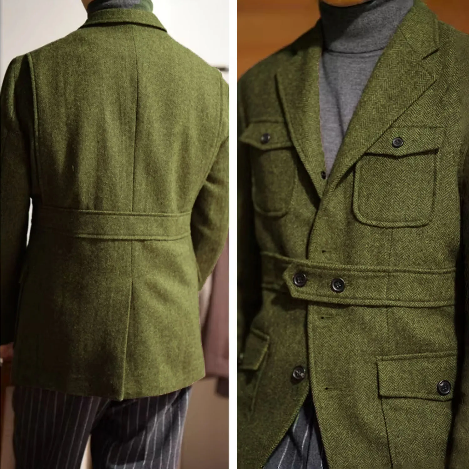 남성 클래식 헤링본 트위드 헌팅 블레이저 울 혼방 스포츠 코트 네 개의 포켓 세 개의 버튼 재킷 남성 턱시도