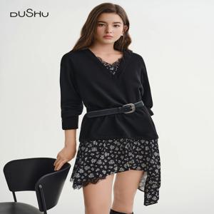 DUSHU 플러스 사이즈 여성용 스웨트셔츠 플로럴 패치워크 페이크 투피스 후디 2025 겨울 한국 스타일 리벨 스위트하트 탑스 인스 BF