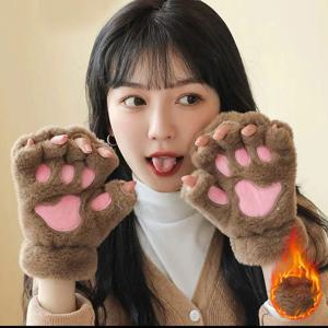 푹신한 고양이 발 모양 플러시 장갑 따뜻하고 부드러운 손가락 없는 장갑 귀여운 곰 발톱 반손가락 장갑 겨울 코스튬 파티용