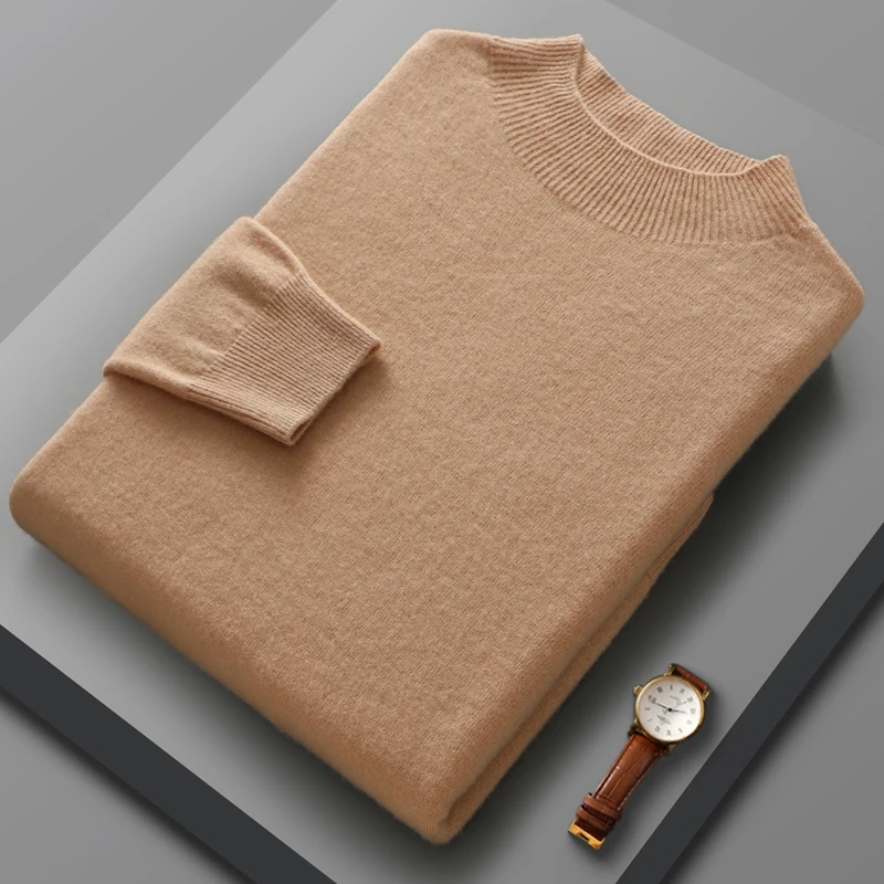 100% 메리노 울 스웨터 남성용 하프 하이 칼라 니트 까마귀 봄 가을 새로운 캐시미어 스웨터 다목적 남성복