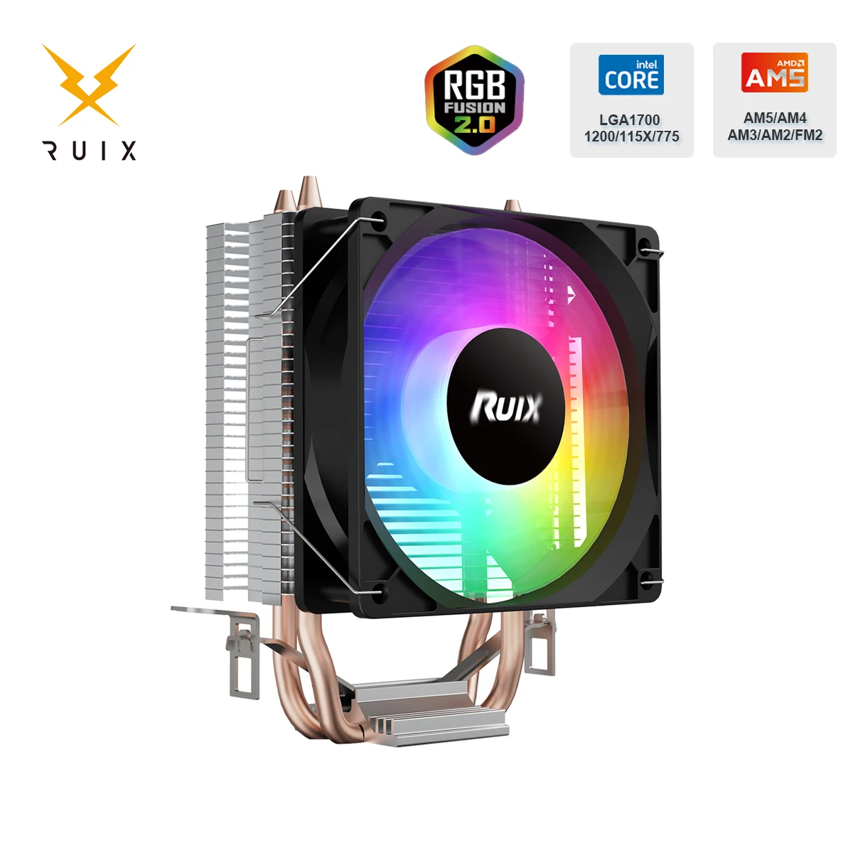 Ruix X2000 공기 CPU 쿨러 2 히트 파이프 라디에이터 냉각 RainbowRGB 3PIN 팬 Intel 115X 1200 1700 AM4 AM5 AMD 용 조용한 Ventilador